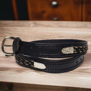 SS Double S Black Leather Woven Western Engraved Metal Belt 42